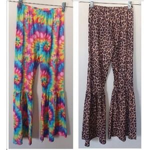 2‎ pc Girls Sz 14-16T Bell Bottom Flair Leggings Set Tie Dye and Leopard Tween